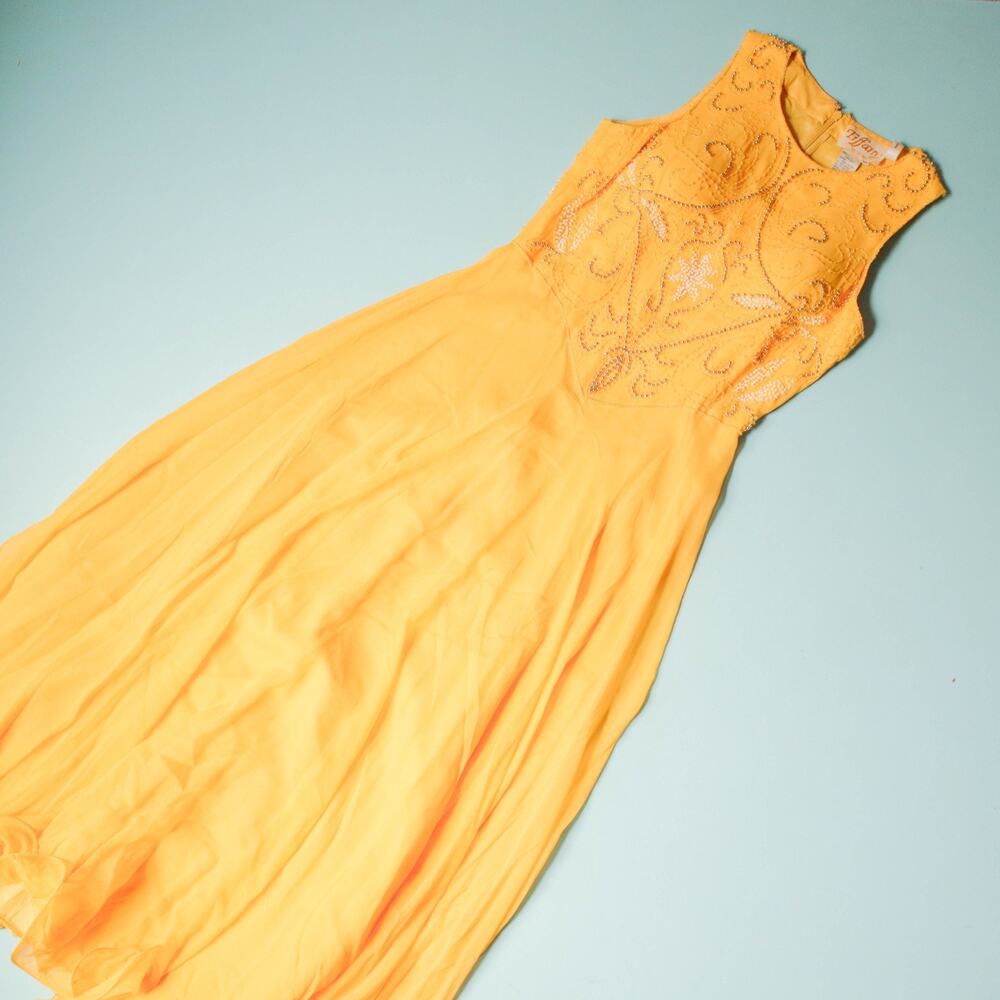 Tiffany Designs 100% Silk Vintage Yellow Beaded A Line Formal Dress Womens 10